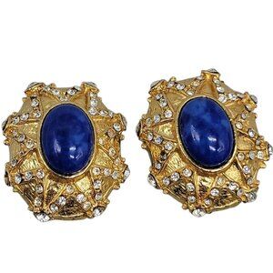 Lapis Inspired Sodalite & Crystal Clip-On Earrings Entrunscun Inspired Vintage